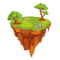Flying ground island in flat design. Level platform with trees, stones and lawn. illustration isolated. vector