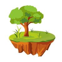 Flying ground island in flat design. Level platform with forest tree. illustration isolated. vector