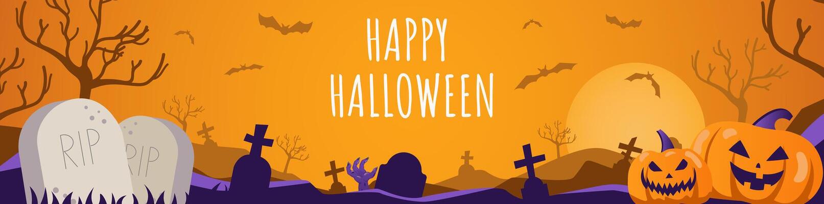 Happy Halloween banner design. Party invitation orange template with cemetery, tombstones and crosses, flying spooky bats, creepy pumpkins, huge moon, zombie, tree branches. illustration.