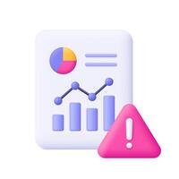 Document with chart graph, diagram and warning symbol, triangle with exclamation point. Data report, analysis and analytics, financial and business risk concept. 3d icon. Cartoon minimal style. vector