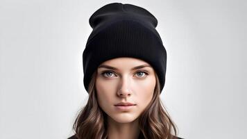 A blank black beanie hat is showcased against a pristine white background for design mockup purposes photo