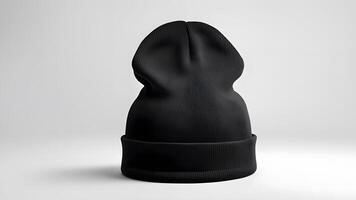 A blank black beanie hat is showcased against a pristine white background for design mockup purposes photo