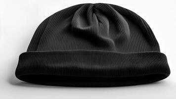 A blank black beanie hat is showcased against a pristine white background for design mockup purposes photo