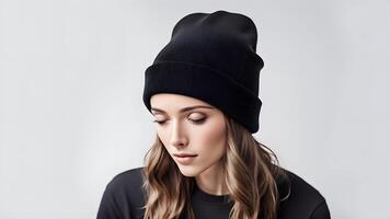 A blank black beanie hat is showcased against a pristine white background for design mockup purposes photo