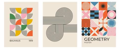 Set of trendy modern abstract geometric bauhaus posters with circle, square line shape. Minimalistic print for wall art decoration, postcard or brochure cover design in retro style art vector