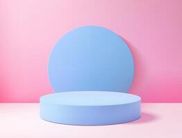 Realistic 3D blue circle platform podium or pedestal on pink background with shadow. Empty space for product display presentation. Minimalistic mockup with copy space . Stage showcase design vector