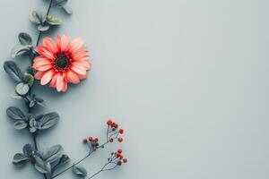Pink flower and leaves on gray background photo