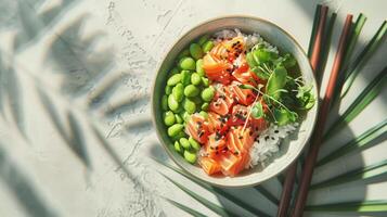 A colorful poke bowl with fresh ingredients. It includes salmon pieces, edamame beans, white rice, and garnishes like sesame seeds and microgreens. photo