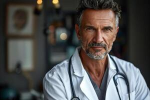 Handsome male doctor in white coat and with stethoscope on background of his office photo