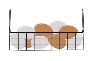 Eggs in a basket made of metal rods. Illustration on a white background. vector