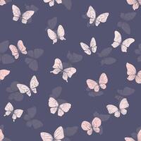 Delicate pink butterflies flying with wings in the form of inversion of silhouette with patterns. Graphic line art drawn by hand. seamless pattern on a lilac background. vector