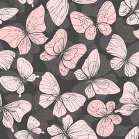 Delicate pink butterflies flying with wings in the form of inversion of silhouette with patterns. Graphic line art drawn by hand. seamless pattern on a grey background. vector