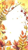 Autumn berries physalis, rowan leaves, maple, birch, tree branches and ladybugs. Watercolor illustrations. Blank template for text rectangular, vertical. vector