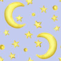 Yellow half moon with stars from fabric with thread stitches. Watercolor illustration, hand drawn. Seamless pattern on a lilac background vector