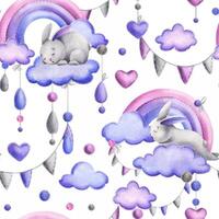 Cute bunny, sewn from fabric with thread stitches, sleeping on a rainbow with clouds and hanging raindrops. Watercolor illustration hand drawn. Seamless pattern on a white background. vector