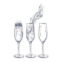 Glasses empty with champagne and with splashes. Graphic illustration hand drawn in black ink. Set of isolated objects EPS . vector