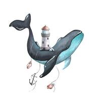 A whale with a lighthouse on its back and an anchor and shells tied. Watercolor illustration. Composition of a large set of WHALES. For decoration and design of prints, souvenirs, wallpapers, stickers vector