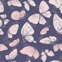 Delicate pink butterflies flying with wings in the form of inversion of silhouette with patterns. Graphic line art drawn by hand. seamless pattern on a lilac background. vector