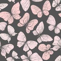 Delicate pink butterflies flying with wings in the form of inversion of silhouette with patterns. Graphic line art drawn by hand. seamless pattern on a grey background. vector