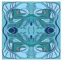 A blue and white square pattern with leaves and flowers vector