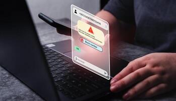 Woman use smartphone and receives message from suspected number scam. Unwanted anonymous call. Fraud and phishing phone concept. Message from stranger. photo