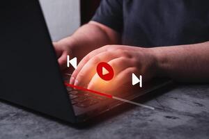 Woman watching a live stream. Online stream window interface. streaming on internet concept. Multimedia player on digital tablet. photo