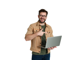 Smiling Man Holding and Pointing at Laptop on Transparent Background, Professional Businessman or Student Using PC for Digital Marketing, Startup Success, and Entrepreneurial Banner Ads png