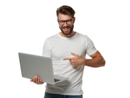 Smiling Man Pointing at Laptop on Transparent Background, Professional Businessman or Student Using Computer for Startup, Digital Marketing, and Entrepreneur Success Banner png