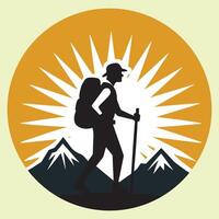 Hiker with backpack and trekking poles in the mountains vector