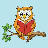 Owl reading book on branch illustration vector