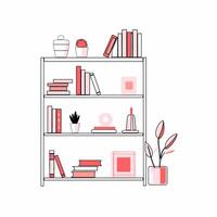 Bookshelf with books and decor illustration in minimalistic style.. vector