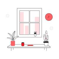 Minimalistic desk with potted plants and window background.. vector