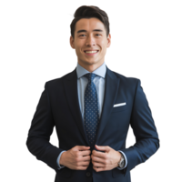 man in a formal suit adjusting his jacket with a confident on transparent background png