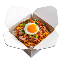 boiled egg rests atop a bed of rice noodles on a takeway box on transparent background png