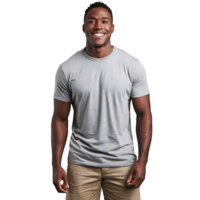 african man smiling while wearing a gray shirt and khaki shorts on transparent background png