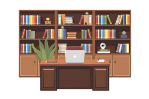de madeira escrivaninha com uma computador portátil computador e uma plantar senta dentro frente do uma estante de livros preenchidas com livros em transparente fundo png