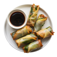 white plate features spring rolls a small bowl of dipping sauce on transparent background png
