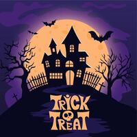 Haunted house on a hill with a full moon glowing in the background, surrounded by bats, barren trees, graveyard vector