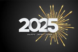 2025 Happy New Year. White numbers and firework on black background. Merry Christmas and New Year 2023 greeting card vector