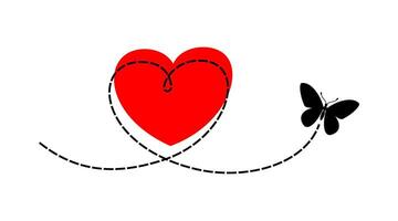 Heart symbol from single line handwriting with butterfly and red heart spot. Simple and minimalist love symbol. vector