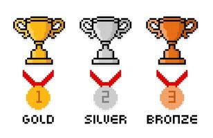 Pixel art of trophy and medal in gold, silver and bronze categories. vector
