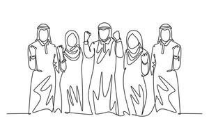 Single continuous line drawing group of Arab middle east business people raising fist hand to celebrate company target achievement. Happy team project. One line draw graphic design illustration vector