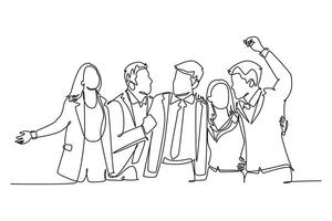 Continuous one line drawing group of businessman and woman hugging together to celebrate their success achieve the business target. Team work goal. Single line draw design graphic illustration vector