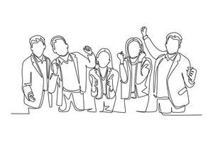 Continuous one line drawing of young happy male and female worker raise hands together celebrate funding investment. Business teamwork celebration. Single line draw design graphic illustration vector