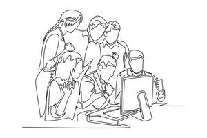 Continuous one line drawing of happy male CEO with his subordinates watching computer monitor and celebrating their success achieve business target. Single line draw design graphic illustration vector