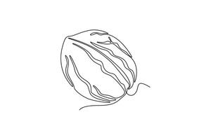 Single continuous line drawing of whole healthy organic walnut food for plantation logo identity. Fresh nutshell concept for healthy seed icon. Dynamic one line draw graphic design illustration vector