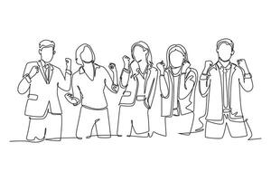 Single continuous line drawing group of happy CEO and his colleagues celebrating their successful to achieving company business target. Team work goal. One line draw graphic design illustration vector