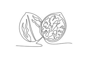 Single continuous line drawing of whole healthy organic walnut food for plantation logo identity. Fresh nutshell concept for healthy seed icon. Dynamic one line draw graphic design illustration vector