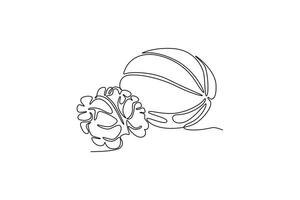 Continuous one line drawing of whole and peeled healthy organic walnut for plantation logo identity. Fresh nutshell concept for healthy seed icon. Single line draw design graphic illustration vector