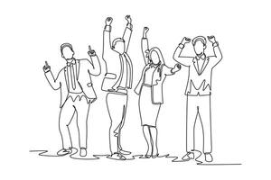 Single one line drawing young happy male and female trainer prancing with joy at seminar room together. Business teamwork celebration concept. Continuous line draw design graphic illustration vector